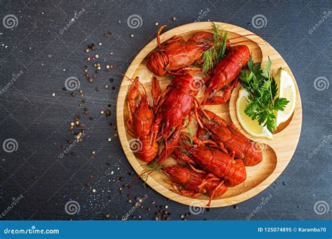 Boiled Cooked Crayfish Crawfish Ready To Eat on Wooden Plate on Stock Image - Image of beer ...