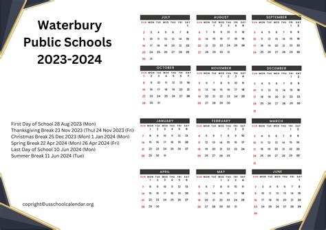 Waterbury Public Schools Calendar with Holidays 2023-2024