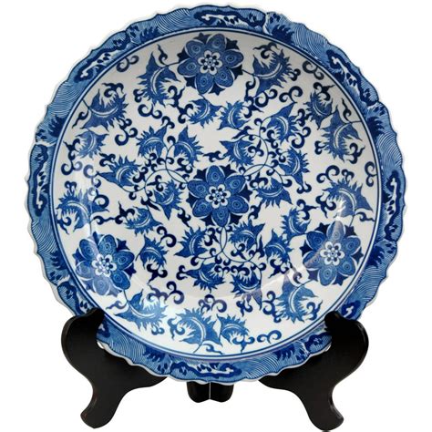 Oriental Furniture 14" Floral Blue & White Porcelain Plate, decorative ...