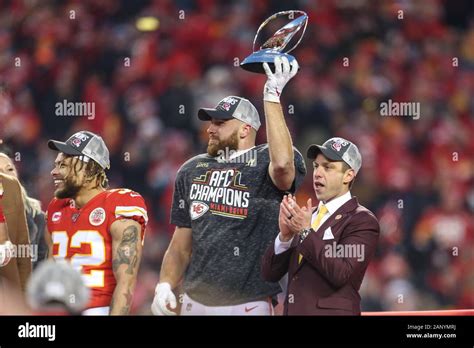 Kansas City Chiefs tight end Travis Kelce (87) holds the Lamar Hunt ...