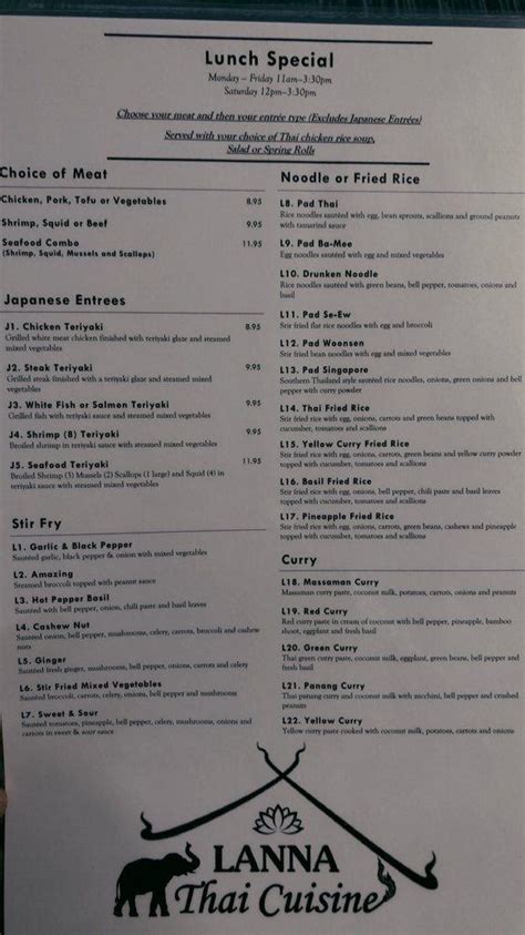 Menu at Lanna Thai restaurant, Fleming Island