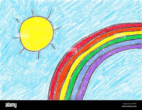 Child's simple drawing of the sun and a rainbow Stock Photo - Alamy