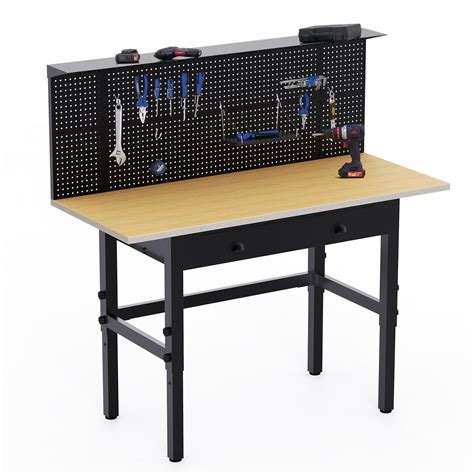 55" Workbench with Pegboard and Drawers, Dextra Height Adjustable Garage Work Bench with Power ...