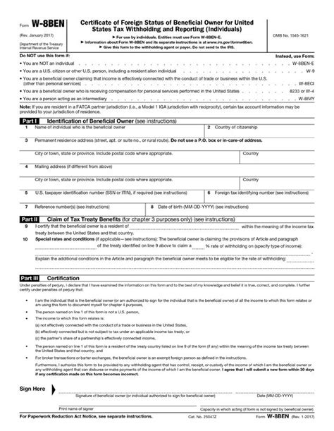 IRS W-8BEN Form Template - Fill & Download Online [+ Free PDF] | Tax forms, Fillable forms ...