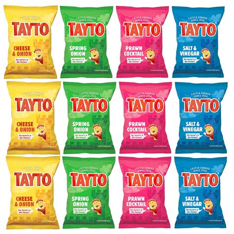 Tayto 12 packs Assorted Crisps Prawn Cocktail Cheese Onion Salt Vinegar Spring Onion (12 x 25g ...