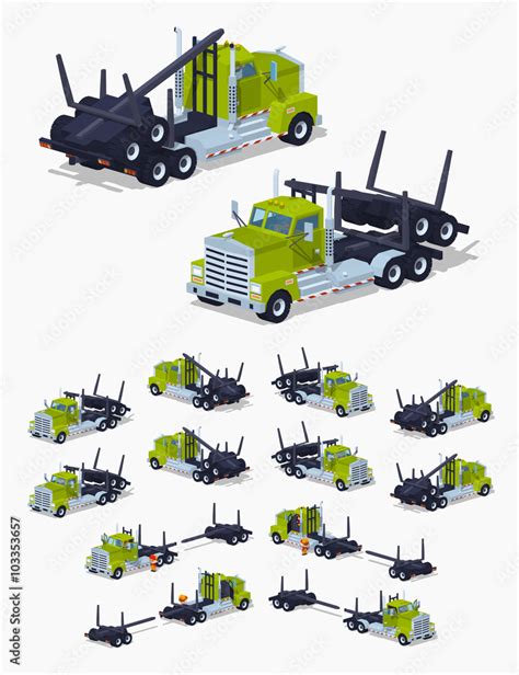 Folded log truck. 3D lowpoly isometric vector illustration. The set of ...