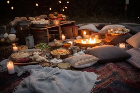 Premium AI Image | Bonfire surrounded by cozy blankets and plates of food for bonfire party ...