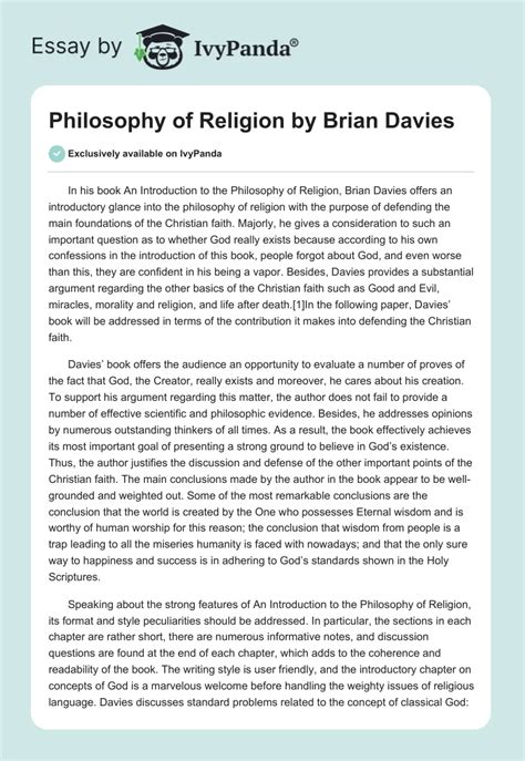 "Philosophy of Religion" by Brian Davies - 816 Words | Book Review Example