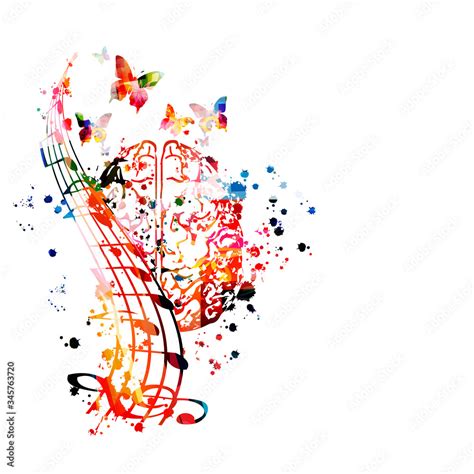 Colorful music promotional poster with brain and music notes isolated vector illustration ...