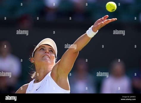 Paula Badosa serving against Petra Kvitova during day six of the 2022 Wimbledon Championships at ...