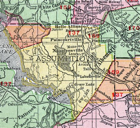 Assumption Parish, Louisiana, 1911, Map, Rand McNally, Albemarle, Napoleonville, Paincourtville ...