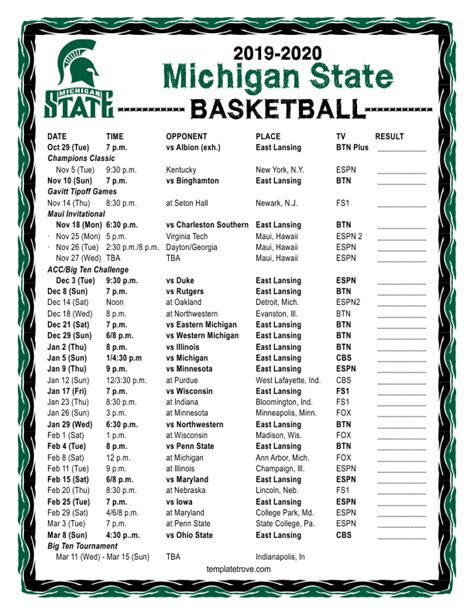 Printable 2019-2020 Michigan State Spartans Basketball Schedule