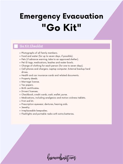 Emergency Evacuation Checklist + "Go Kit" - Have Need Want