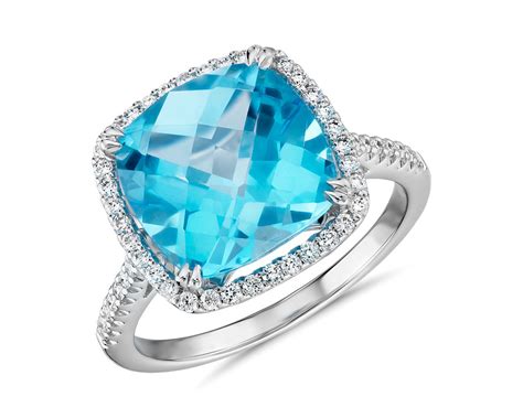 Cushion-Cut Swiss Blue Topaz Diamond Halo Cocktail Ring in 14k White ...