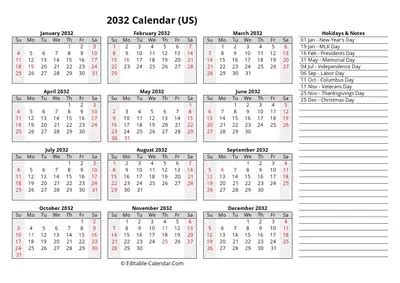 Download Editable Yearly Calendar 2032, Sunday Start