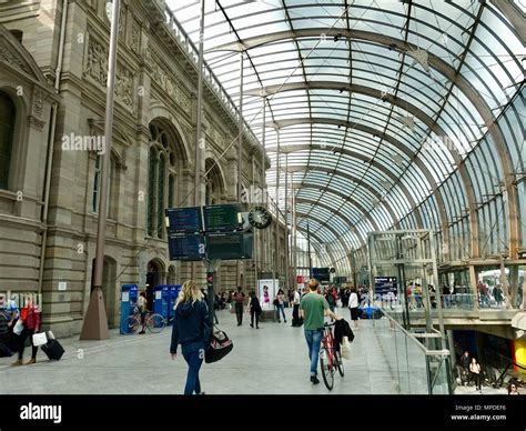 Inside the glass roof facade of the SNCF Train station, Strasbourg ...