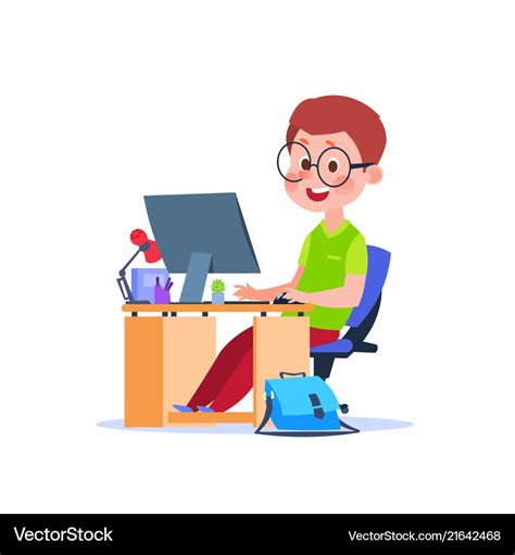 Child at computer cartoon boy learning at desk Vector Image