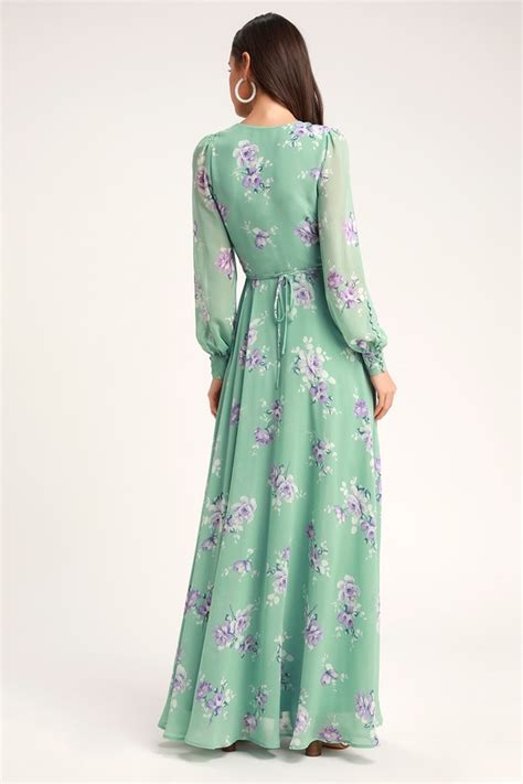 Glam Sage Green Floral Dress - Wrap Dress - Long Sleeve Dress - Lulus