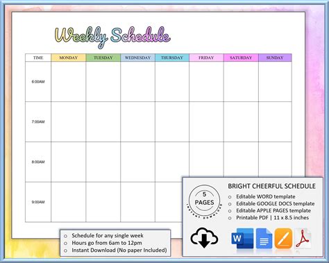 EDITABLE Weekly Schedule Template, WORD, Google Docs, Apple Pages & Printable With Room to Write ...