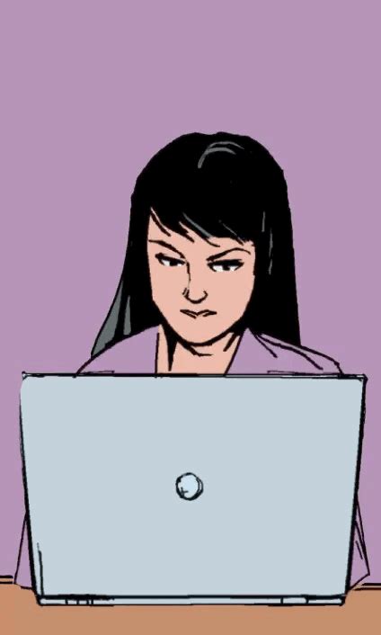 a woman sitting in front of a laptop computer on top of a wooden desk next to a purple wall