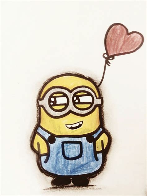 a drawing of a minion holding a heart shaped balloon