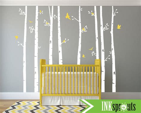 Birch Tree Decal With Flying Birds, Set of 8 Trees, Large Birch Set ...