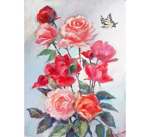 Roses Painting Original Art Red Roses Artwork Butterfly Painting ...