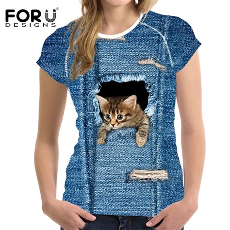 FORUDESIGNS Harajuku 3D Jeans Cat T Shirt Women Brand Clothes Kawaii Tshirt for Women Tops Tees ...