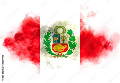 Peru flag performed from color smoke on the white background. Abstract ...