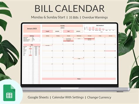 Bill Tracker Spreadsheet, Google Sheets Bill Calendar, Monthly Bill ...