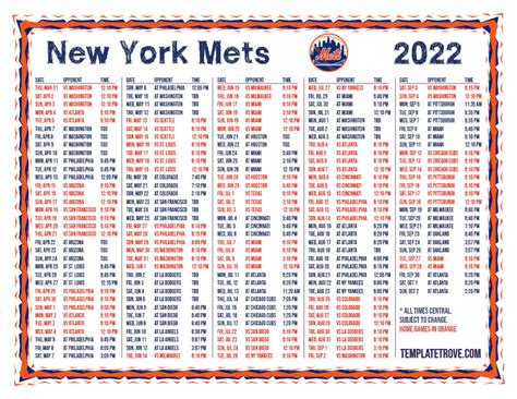 Printable 2022 New York Mets Schedule