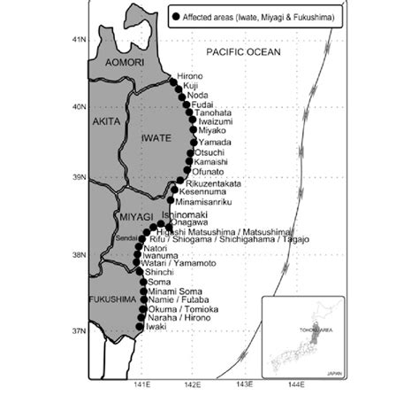 Mainly affected areas by the 2011 Great East Japan tsunami | Download ...