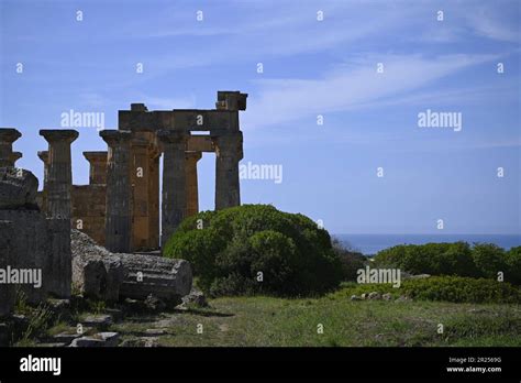 Landscape with scenic view of the Doric order temples F and E at the archaeological site of ...