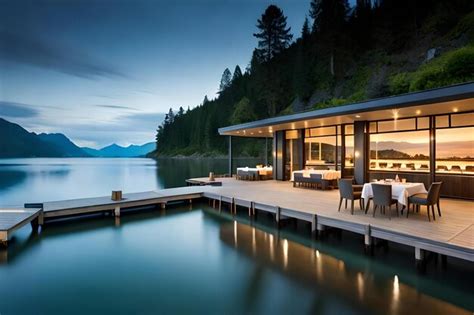 Premium AI Image | A house by the lake with a view of mountains and a lake.