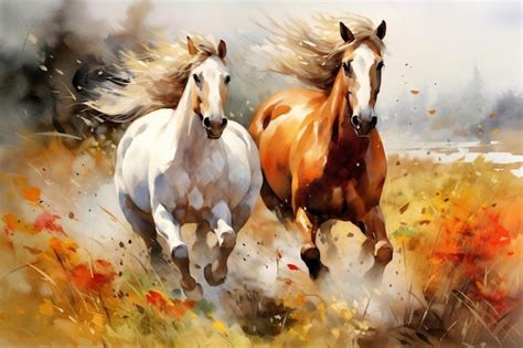 Premium AI Image | a painting of horses running in a field with the ...