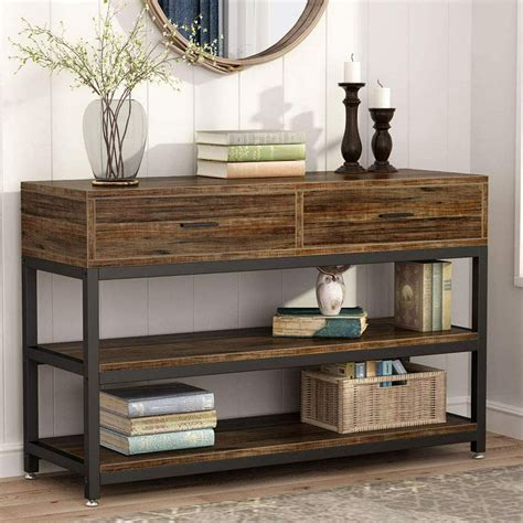 Tribesigns Industrial TV Stand Rustic Console Sofa Table with Drawers,2 Shelf Hallway Entryway ...