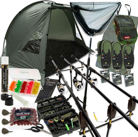 DNA Complete Carp Fishing Set up with Shelter Bivvy Rods Reels Alarms Net & Tackle (2-Rod Setup ...