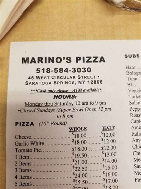 Menu at Marino's Pizza pizzeria, Saratoga Springs