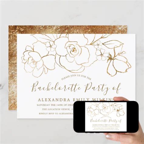 Golden Flowers Elegant Modern Bachelorette Party Invitation | Zazzle