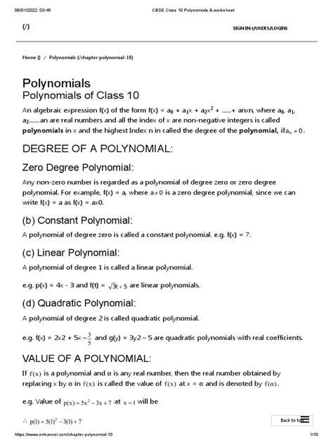 CBSE Class 10 Polynomials & Worksheet | PDF | Polynomial | Quadratic Equation