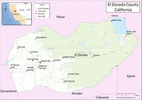 Map of El Dorado County, California showing cities, highways & important places. Check Where is ...