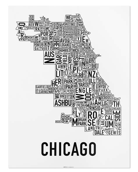 Chicago Neighborhood Map 18" x 24" Classic Black & White Poster