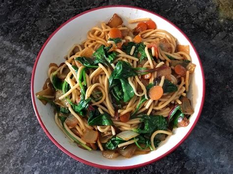 Stir fried canton noodles with onion, carrot, radish and greens. : r ...