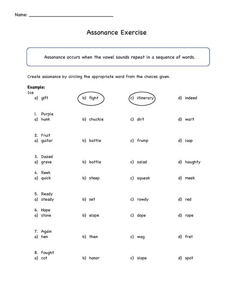 Grade 8 Literacy - Assonance Worksheet PDF - Assonance Exercise Create ...