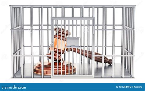 Cage, Prison Cell with Wooden Gavel, 3D Rendering Stock Illustration ...