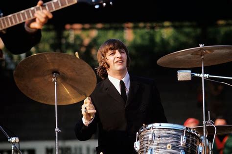 Ringo Starr playing drums during the concert of British band The Beatles at the Velodromo ...