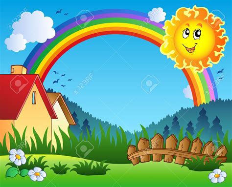 Landscape with Sun and rainbow | Rainbow cartoon, Cartoon drawings, Cartoon background