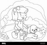 Girl And Her dog walking At The Park Vector Black White coloring  sketch template