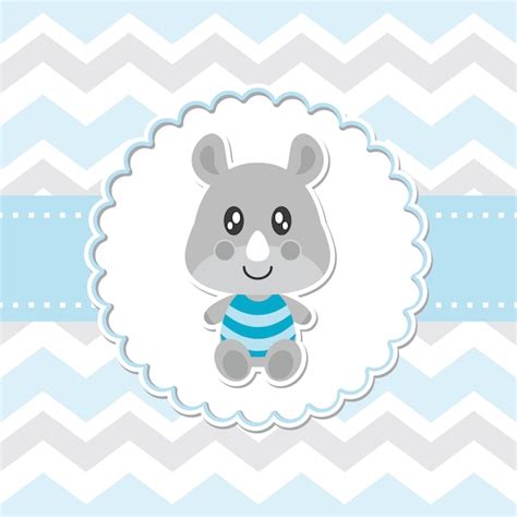 Cute baby rhino smiles on flower frame vector cartoon illustration for baby shower card design ...