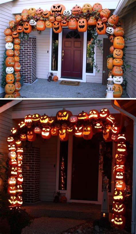 DIY Halloween Jack-o'-lantern arch ~ foam craft pumpkins carved & threaded with… | Homemade ...